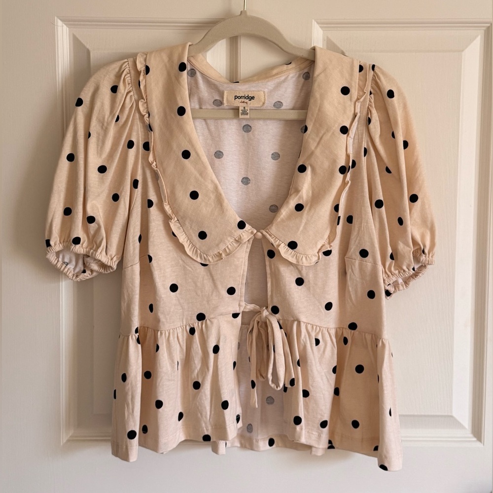 Anthropologie Beige Polka Dot Ruffle Collar Blouse